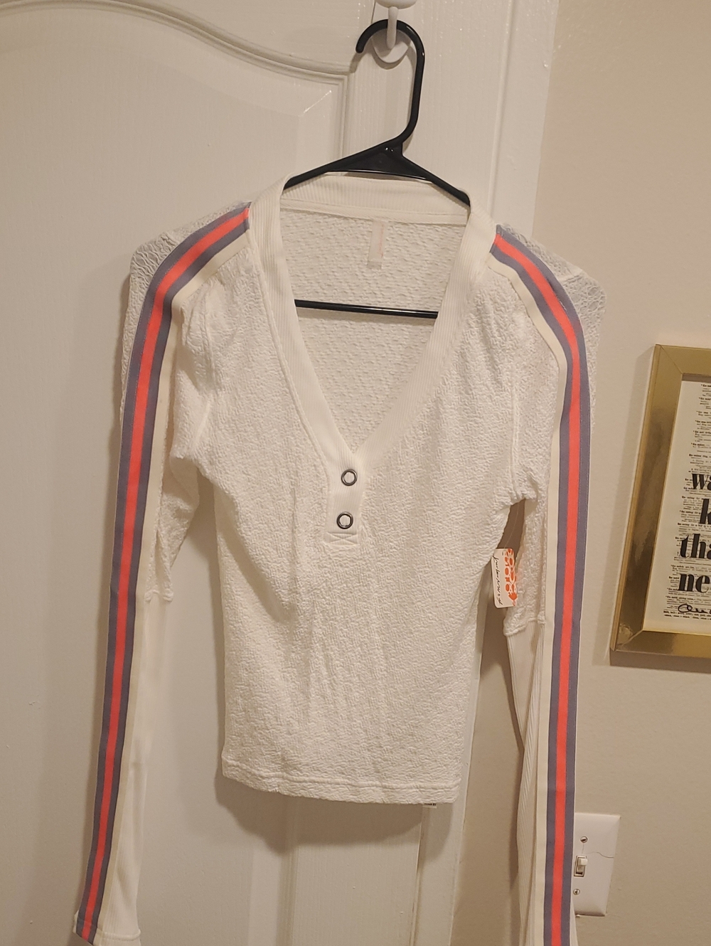 Free People White Long-Sleeve Henley with Pink and Blue Shoulder Stripes